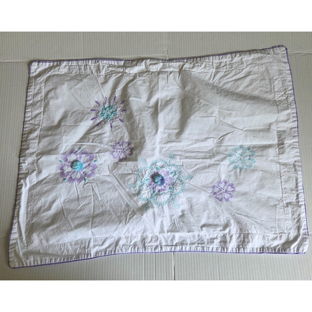 Pottery Barn Kidsโ Standard Pillow Sham White Blue Purple Embroidered Pom Poms